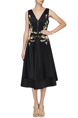 Black Flower Embroidered Midi Dress by Varsha Wadhwa