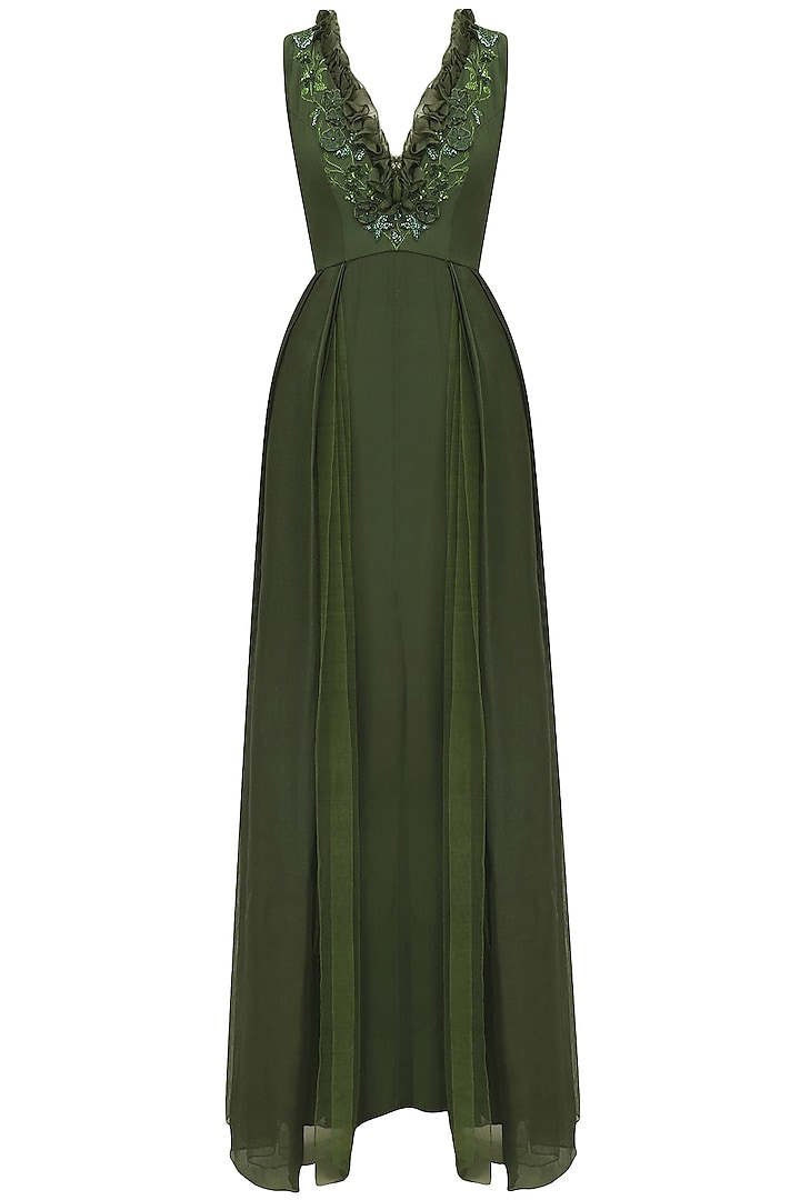 Bottle Green Embroidered Mermaid Gown by Varsha Wadhwa