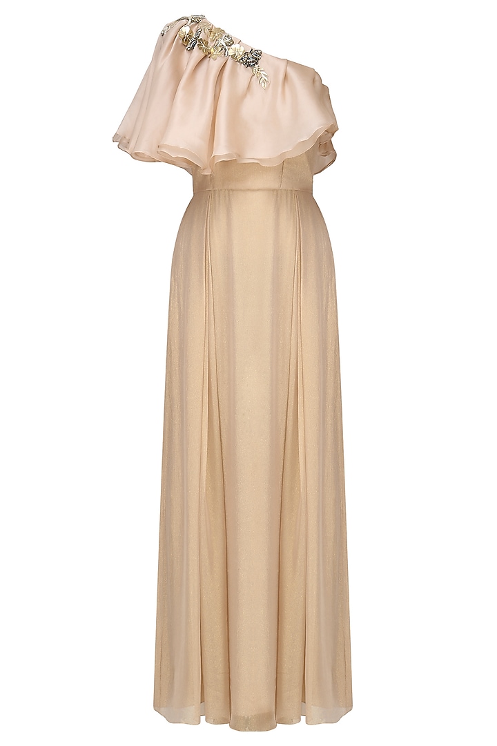 Nude Bugs Embroidered Cape Gown by Varsha Wadhwa