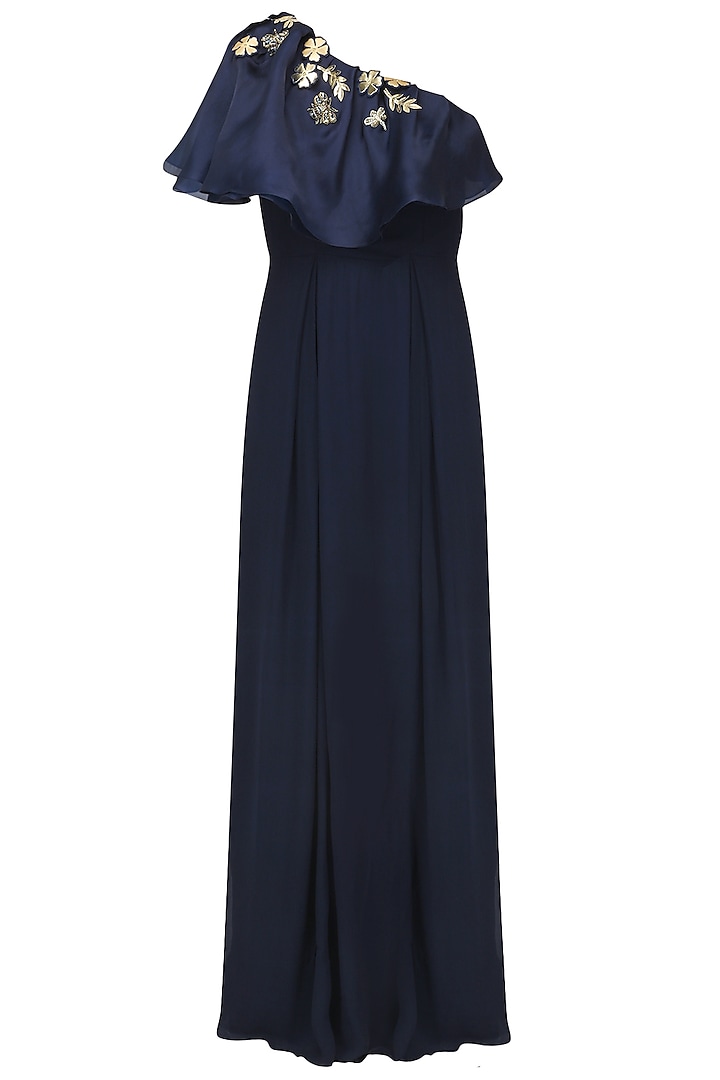 Midnight Blue Bugs Embroidered Cape Gown by Varsha Wadhwa