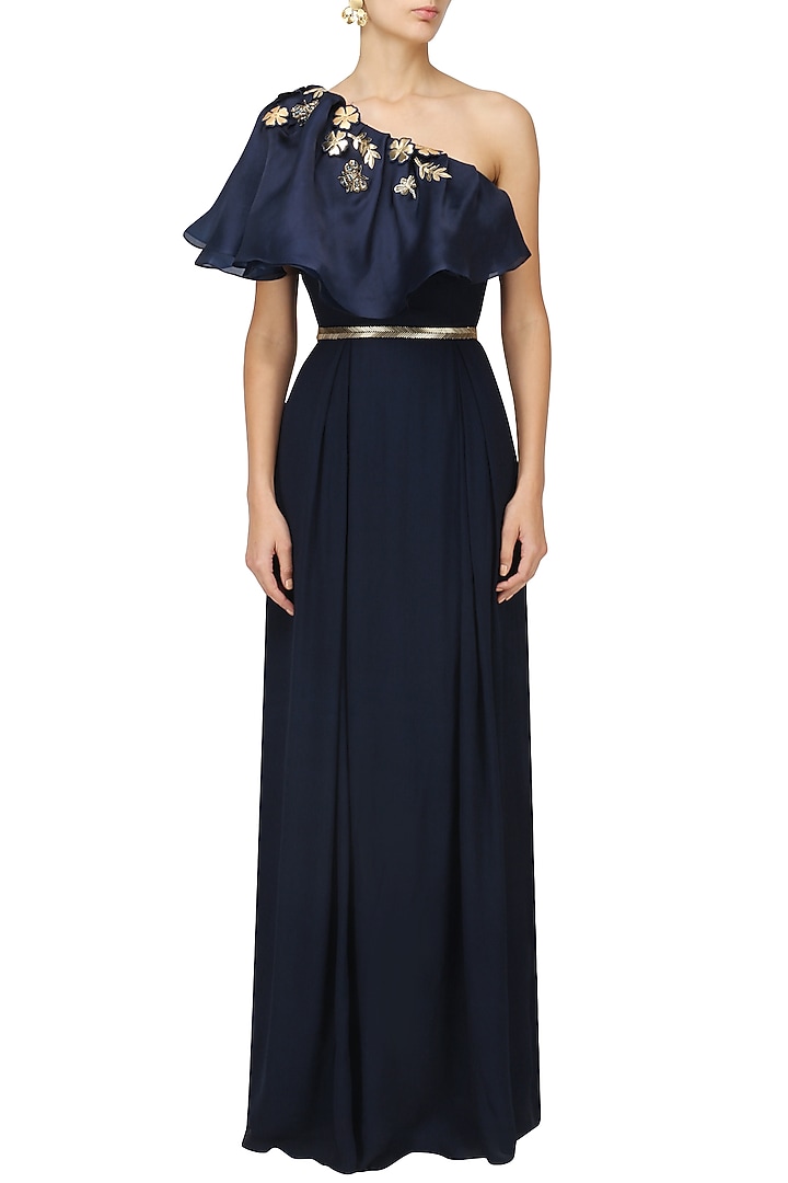 Midnight blue bugs embroidered cape gown available only at Pernia's Pop Up Shop.