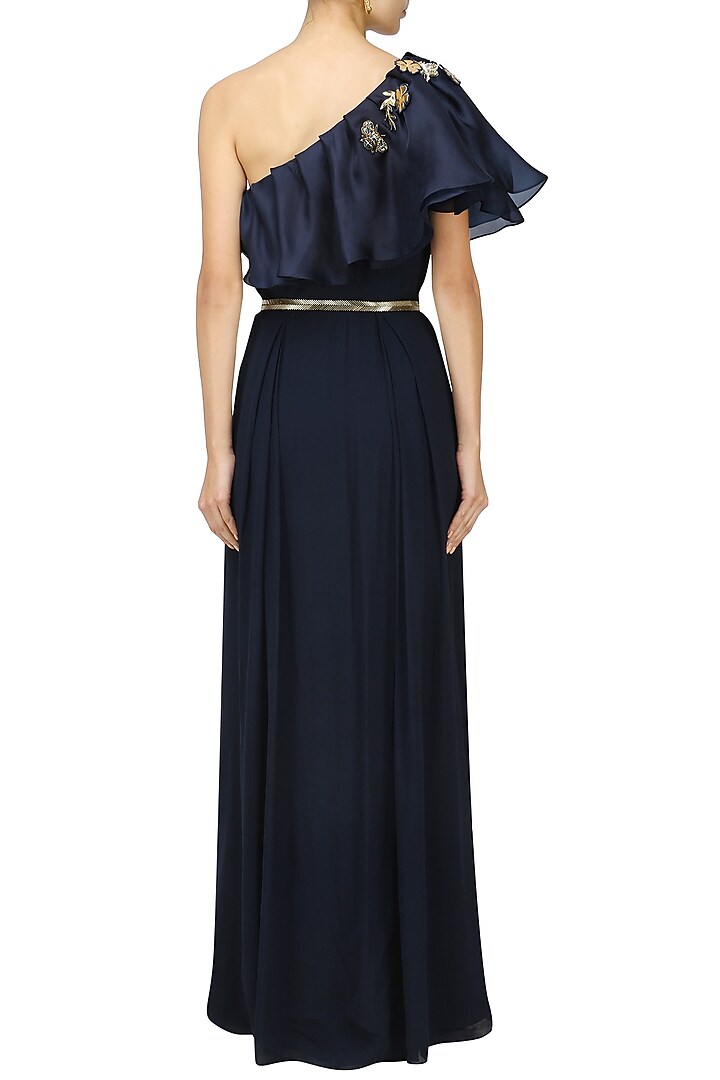 Midnight blue bugs embroidered cape gown available only at Pernia's Pop Up Shop.