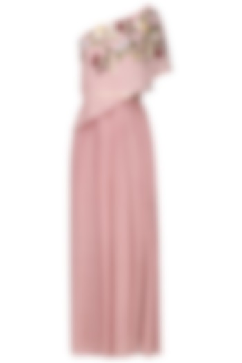 Onion Pink Flowers Embroidered Cape Gown by Varsha Wadhwa