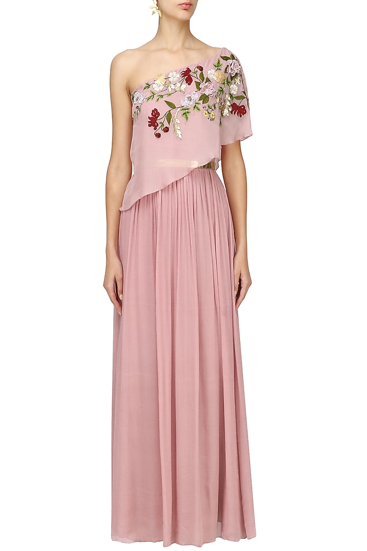 Onion pink flowers embroidered cape gown available only at Pernia's Pop Up Shop.