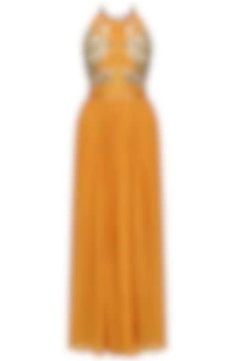Tan Embroidered Halter Neck Gown by Varsha Wadhwa
