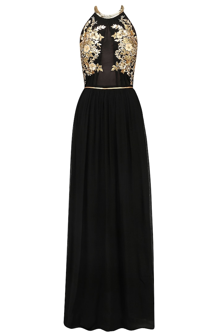 Black Embroidered Halter Neck Gown by Varsha Wadhwa