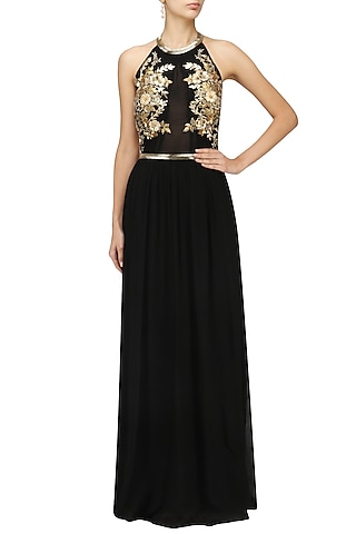 Black Embroidered Halter Neck Gown by Varsha Wadhwa