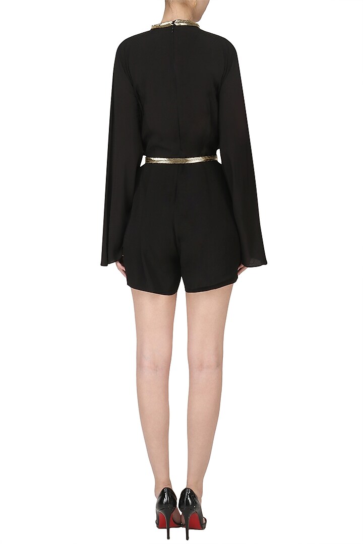 Black embroidered pleated romper available only at Pernia's Pop Up Shop.