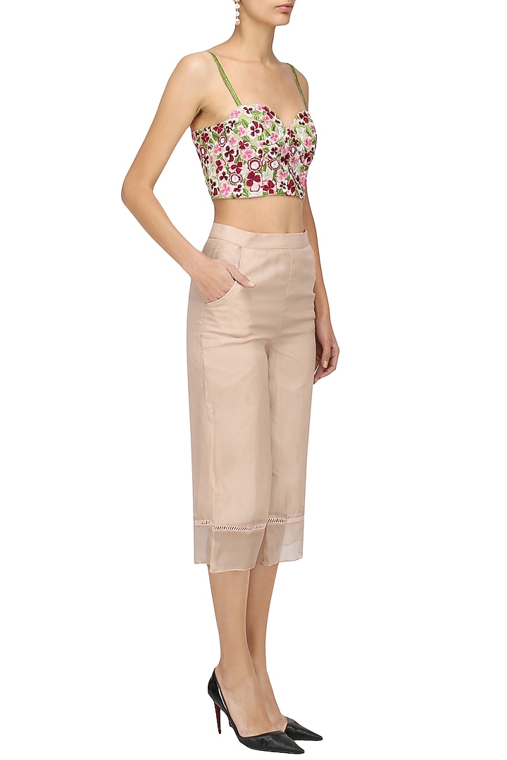 Pink floral embroidered bralatte crop top available only at Pernia's Pop Up Shop.