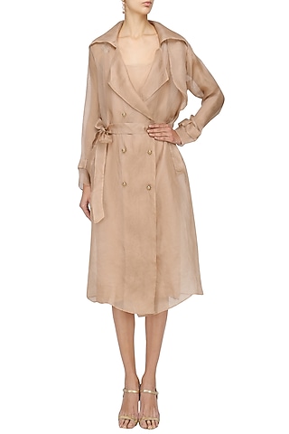 Nude Organza Trench Coat with Nude Slip Dress by Varsha Wadhwa
