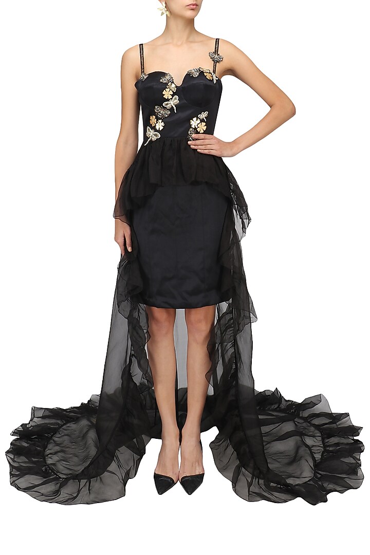 Black floral applique work bodycon dress with trail available only at Pernia's Pop Up Shop.