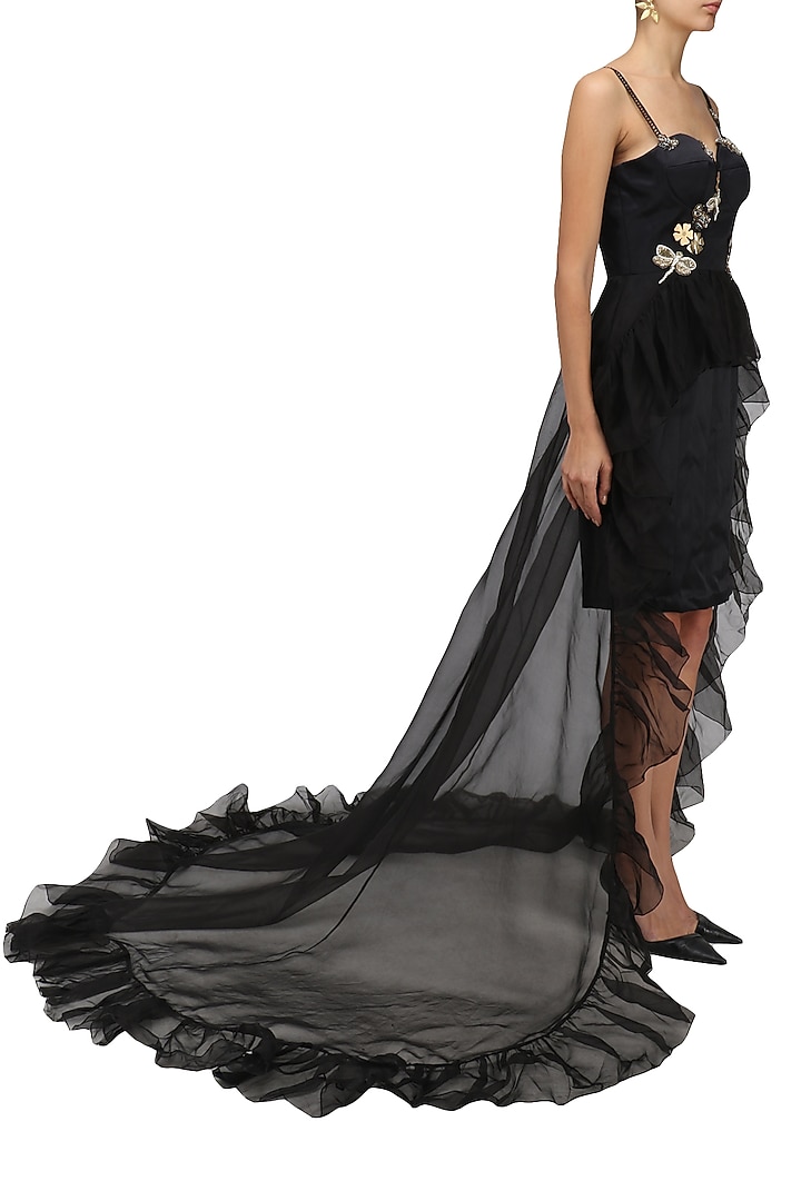 Black floral applique work bodycon dress with trail available only at Pernia's Pop Up Shop.