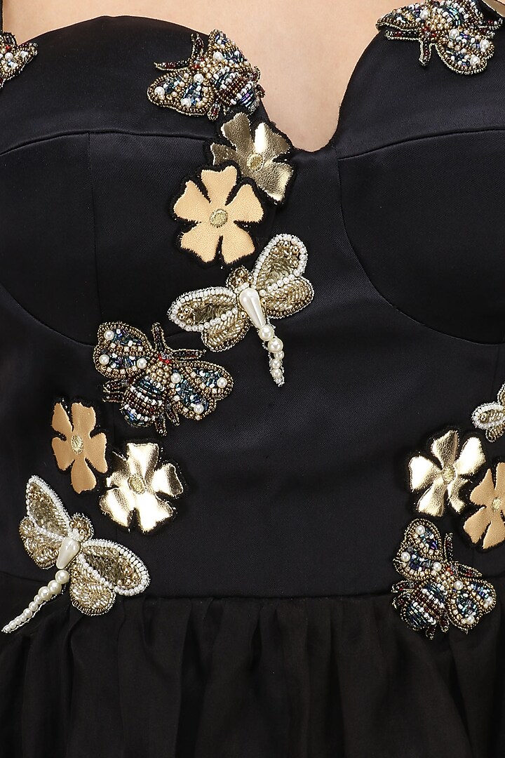 Black floral applique work bodycon dress with trail available only at Pernia's Pop Up Shop.