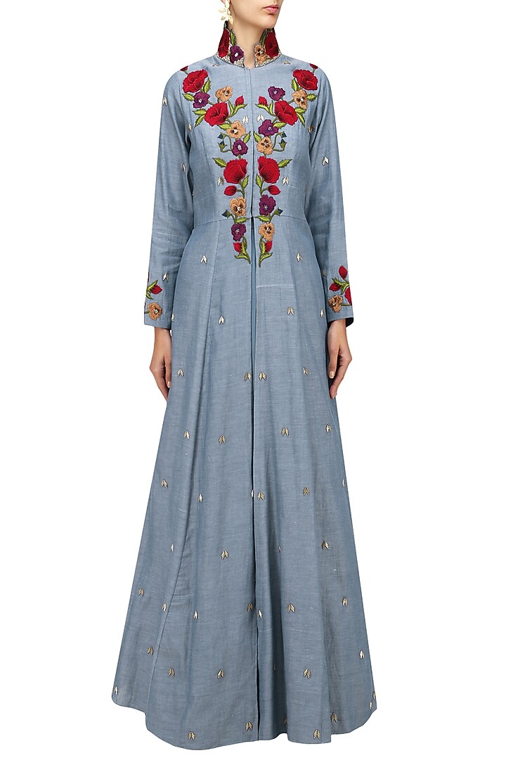 Denim blue embroidered jacket gown available only at Pernia's Pop Up Shop.