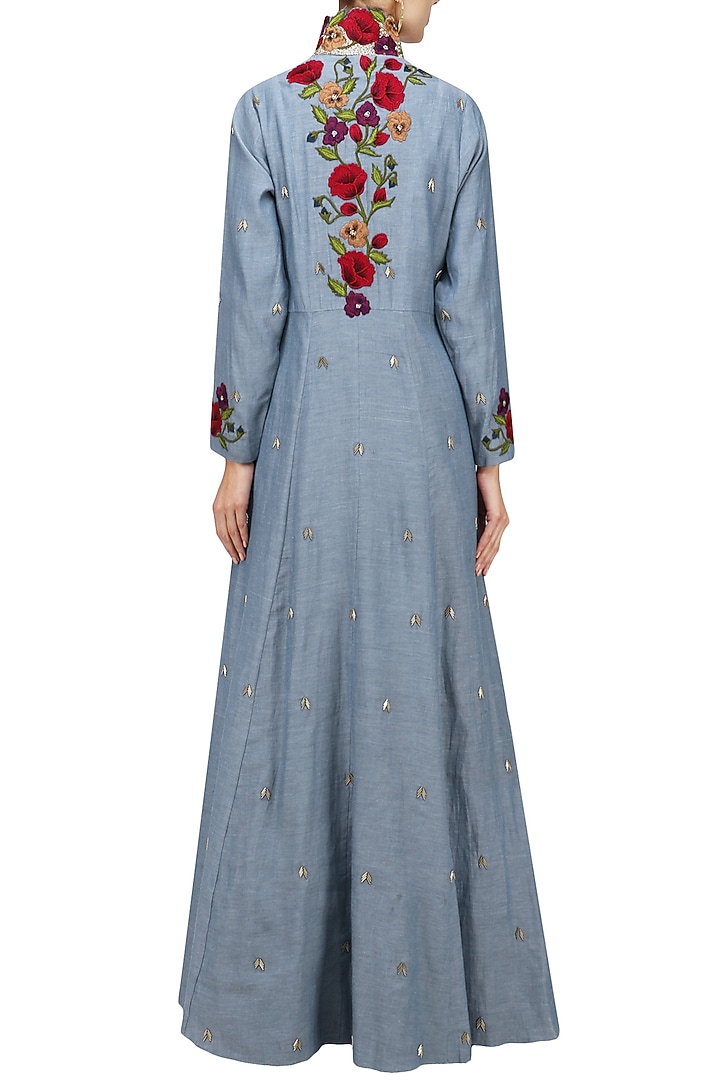 Denim blue embroidered jacket gown available only at Pernia's Pop Up Shop.