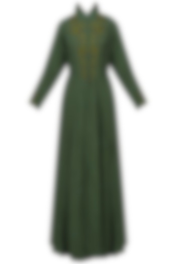 Bottle green embroidered front open jacket gown available only at Pernia's Pop Up Shop.