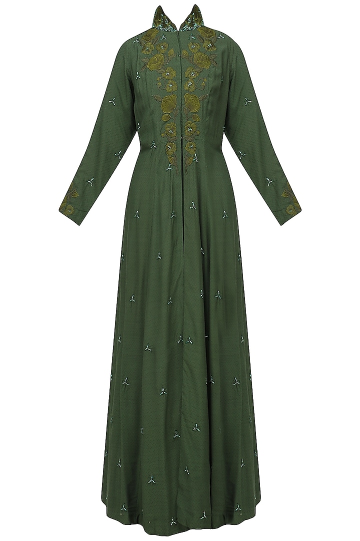 Bottle Green Embroidered Front Open Jacket Gown with Dress by Varsha Wadhwa