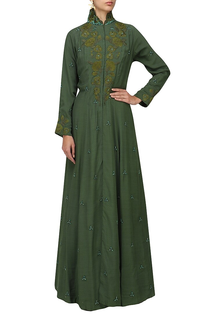 Bottle green embroidered front open jacket gown available only at Pernia's Pop Up Shop.