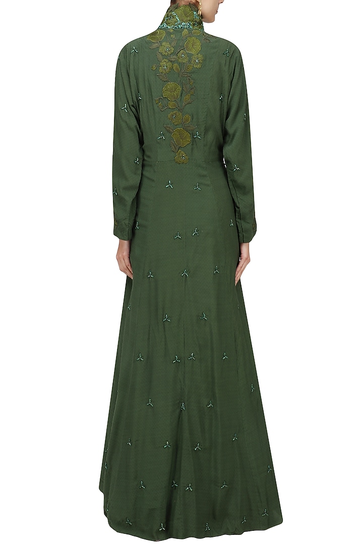 Bottle green embroidered front open jacket gown available only at Pernia's Pop Up Shop.