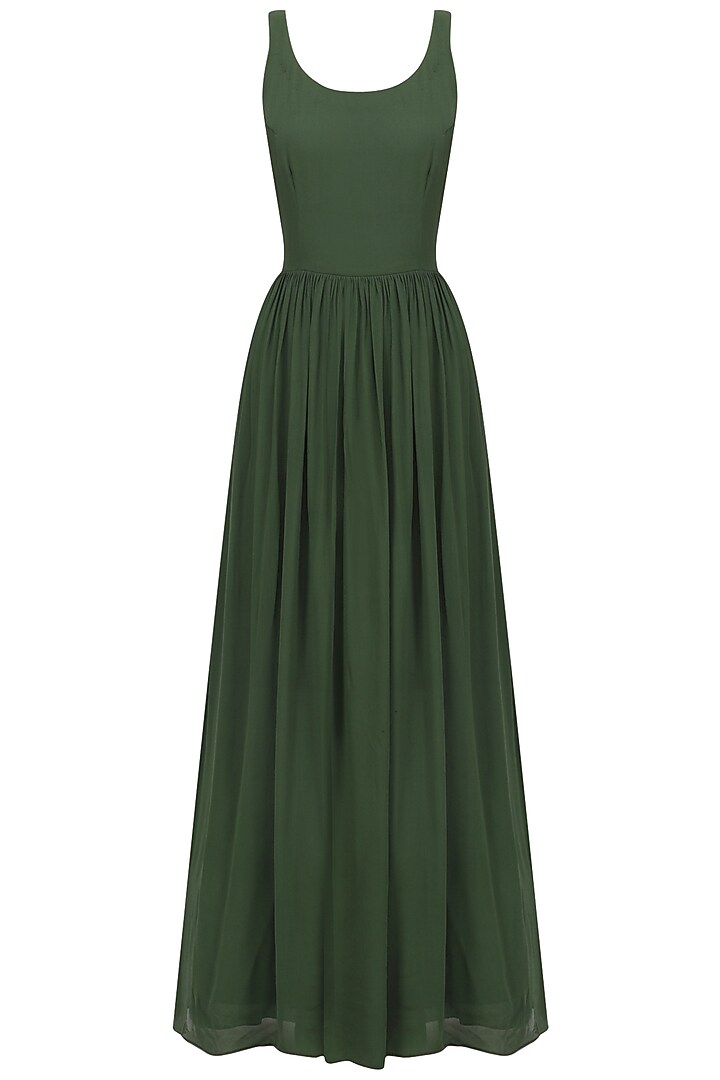 Bottle green embroidered front open jacket gown available only at Pernia's Pop Up Shop.