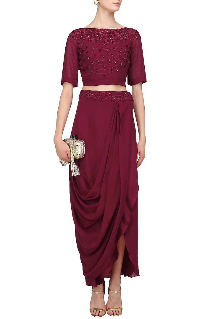 Maroon pearl embroidered crop top and drape skirt set available only at Pernia's Pop Up Shop.