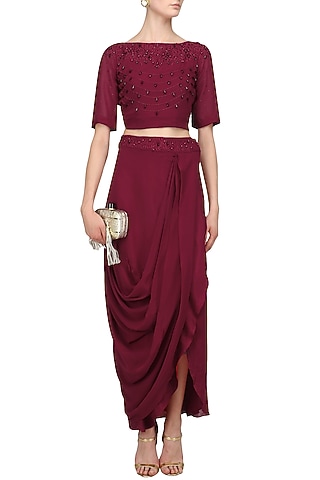 Maroon Pearl Embroidered Crop Top and Drape Skirt Set by Varsha Wadhwa