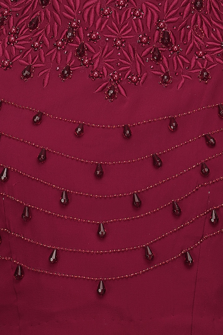Maroon pearl embroidered crop top and drape skirt set available only at Pernia's Pop Up Shop.