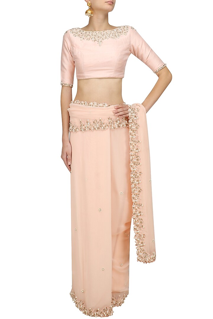 Salmon pink pearl embroidered saree and blouse set available only at Pernia's Pop Up Shop.