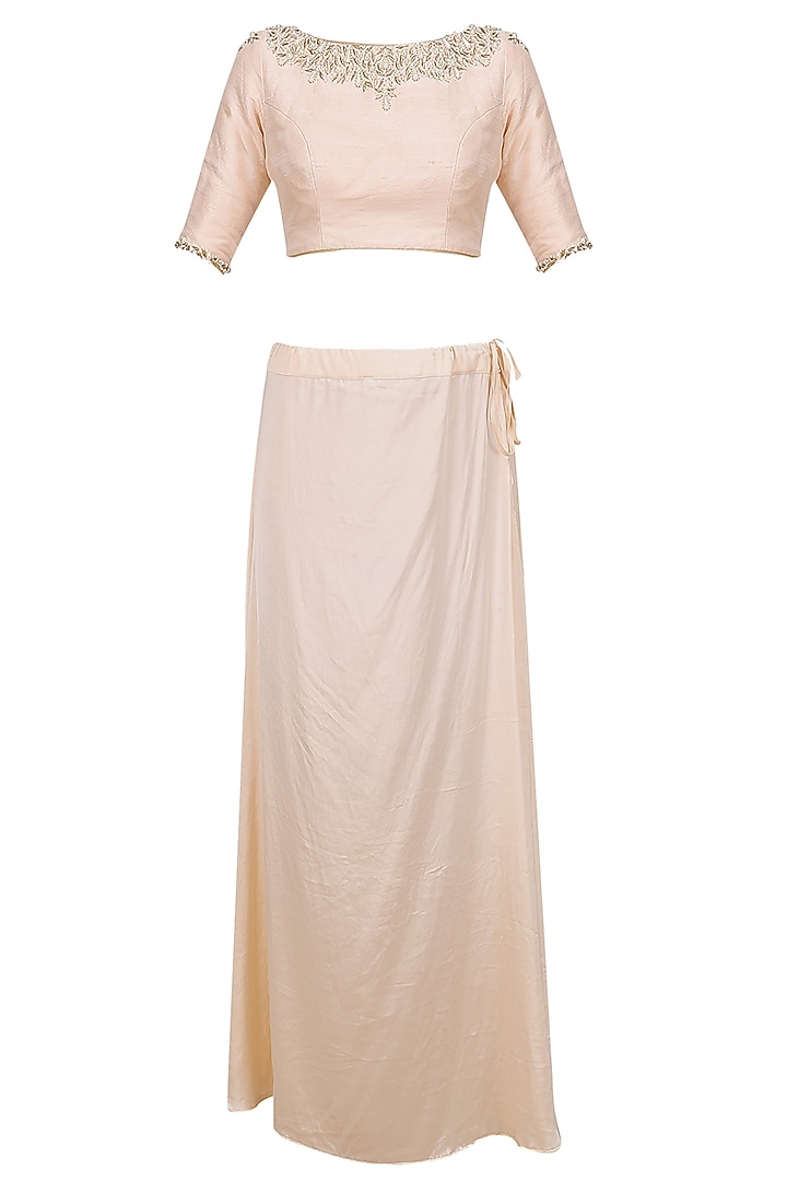 Salmon pink pearl embroidered saree and blouse set available only at Pernia's Pop Up Shop.
