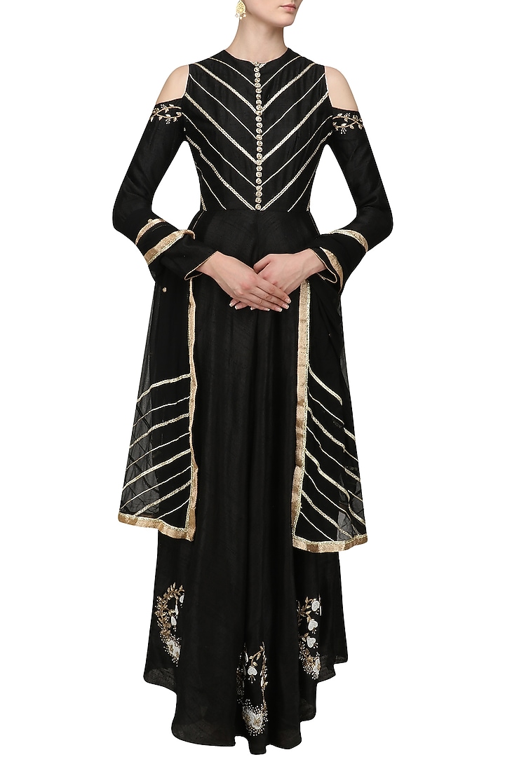 Black embroidered cold shoulder anarkali set available only at Pernia's Pop Up Shop.
