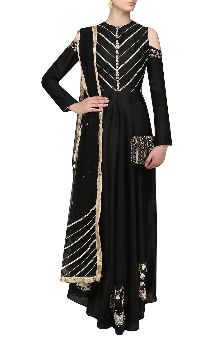Black embroidered cold shoulder anarkali set available only at Pernia's Pop Up Shop.