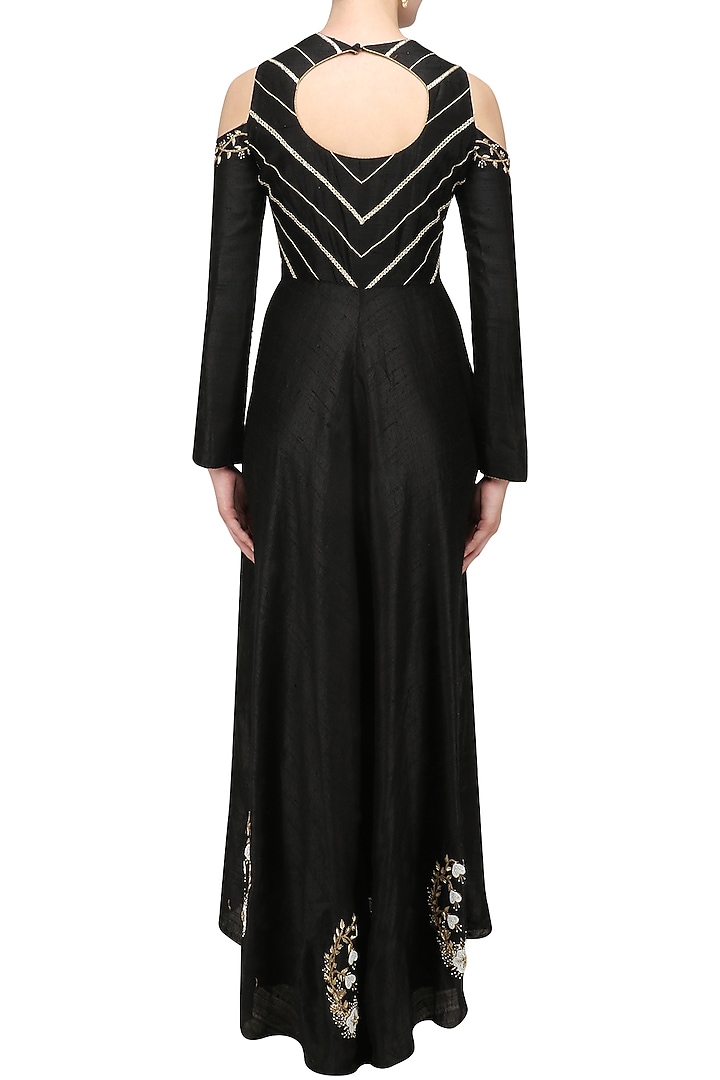 Black embroidered cold shoulder anarkali set available only at Pernia's Pop Up Shop.