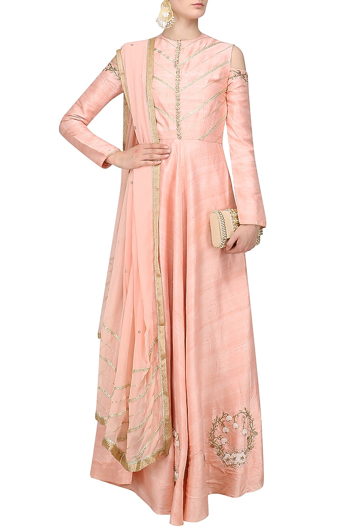 Salmon pink embroidered cold shoulder anarkali set available only at Pernia's Pop Up Shop.