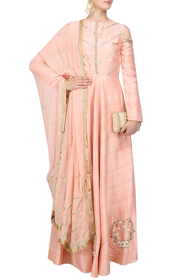 Salmon pink embroidered cold shoulder anarkali set available only at Pernia's Pop Up Shop.