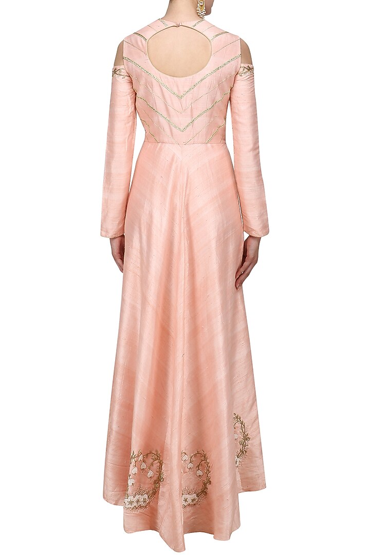 Salmon pink embroidered cold shoulder anarkali set available only at Pernia's Pop Up Shop.