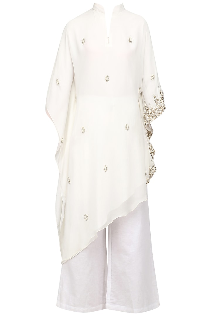Off White Pearl Embroidered Kaftan and Pants Set by Varsha Wadhwa