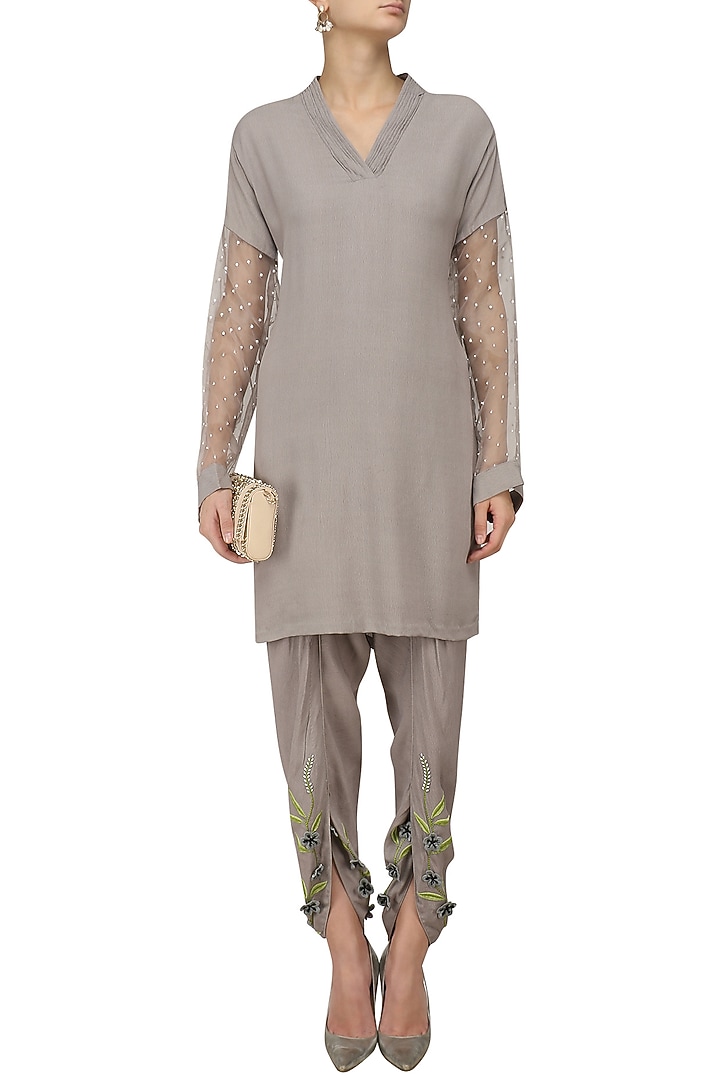 Grey pearl embellished kurta and tulip pants set available only at Pernia's Pop Up Shop.