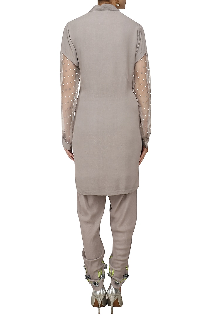 Grey pearl embellished kurta and tulip pants set available only at Pernia's Pop Up Shop.
