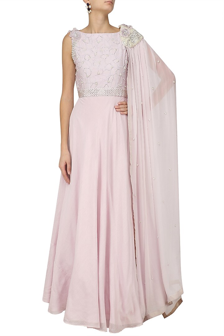 Silver mauve pearl and 3D flowers embroidered cape gown available only at Pernia's Pop Up Shop.