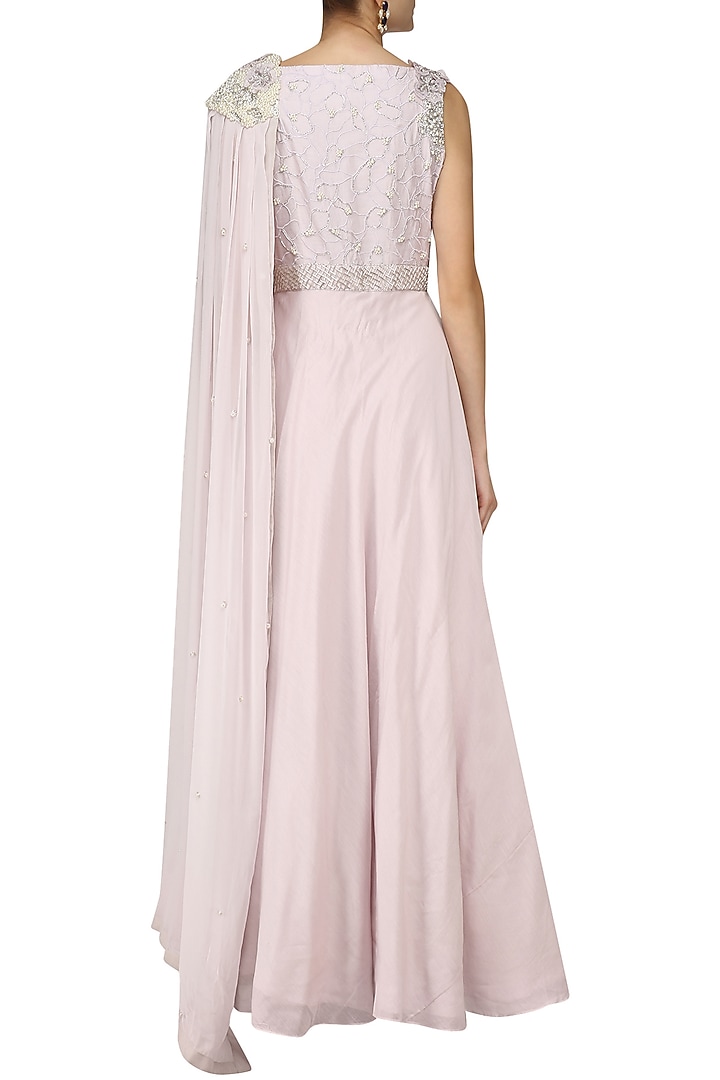 Silver mauve pearl and 3D flowers embroidered cape gown available only at Pernia's Pop Up Shop.