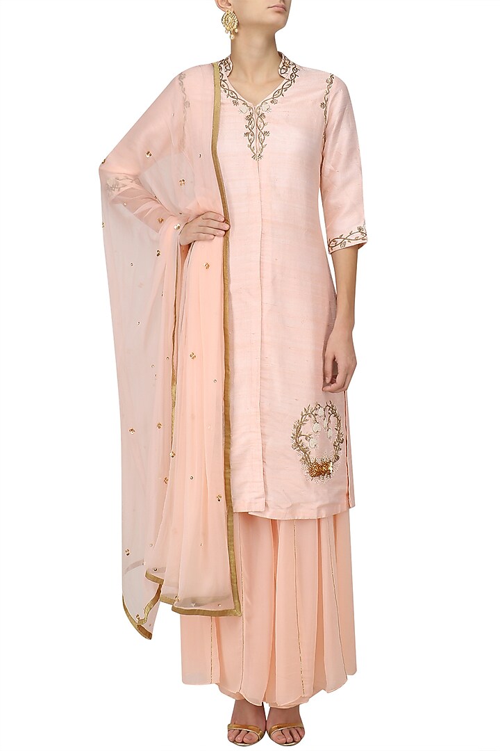 Salmon pink embroidered jacket and sharara pants set available only at Pernia's Pop Up Shop.