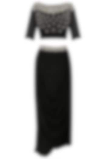 Black Pearl Embroidered Crop Top and Drape Skirt Set by Varsha Wadhwa