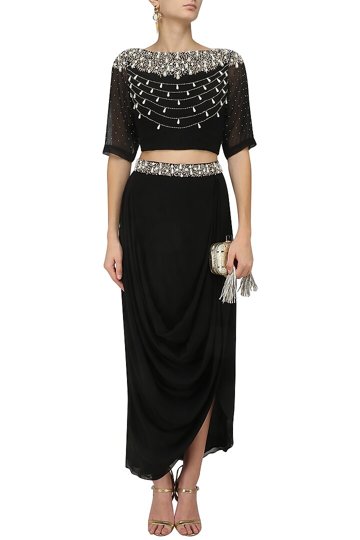 Black pearl embroidered crop top and drape skirt set available only at Pernia's Pop Up Shop.