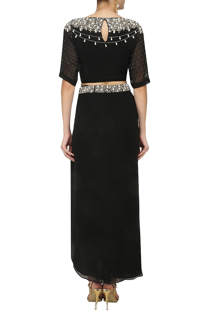 Black pearl embroidered crop top and drape skirt set available only at Pernia's Pop Up Shop.