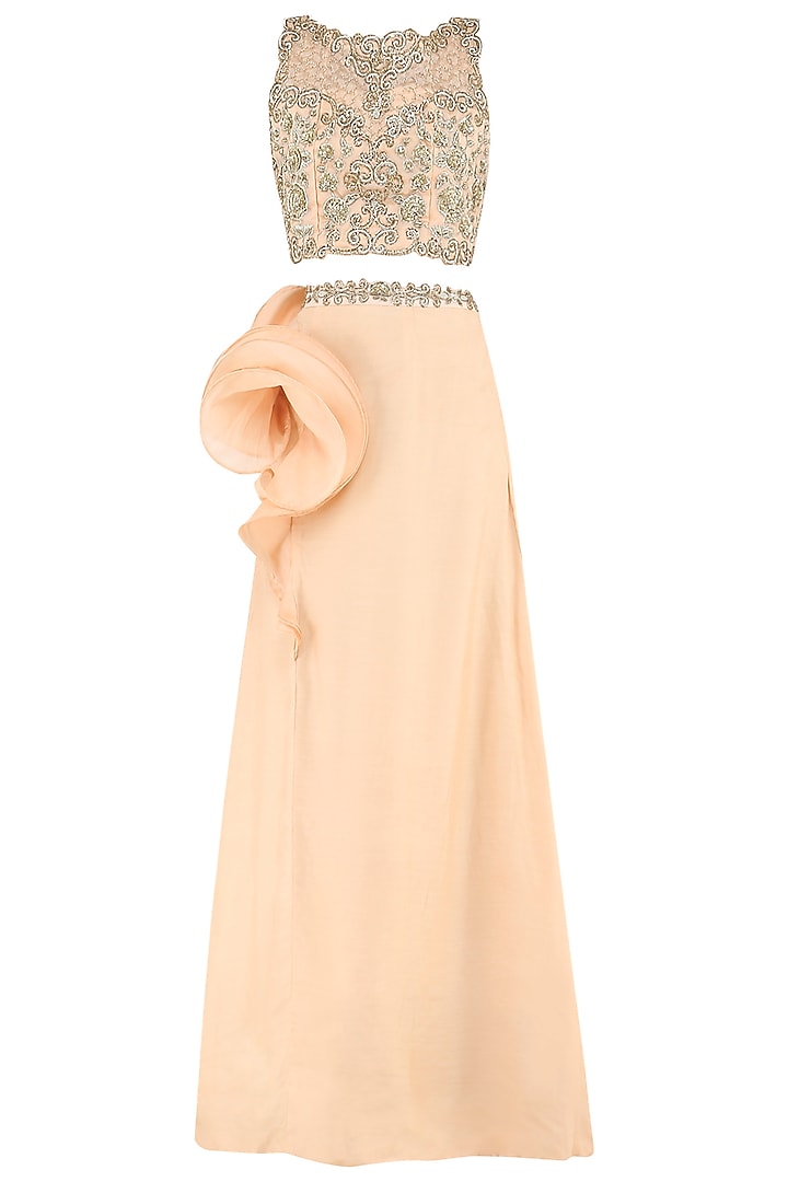 Tea Rose Embroidered Crop Top with Ruffle Skirt by Varsha Wadhwa