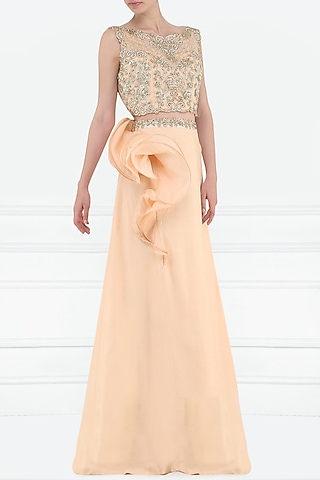 Tea Rose Embroidered Crop Top with Ruffle Skirt by Varsha Wadhwa