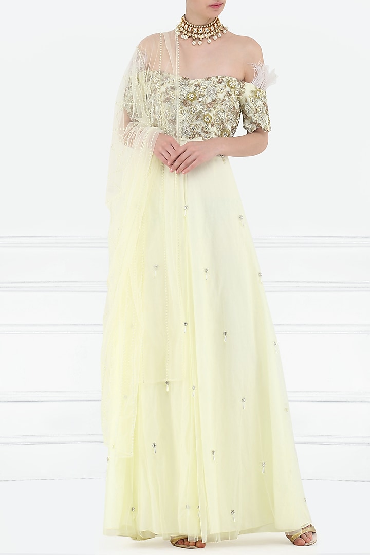 Custard yellow embroidered off shoulder anarkali set available only at Pernia's Pop Up Shop.