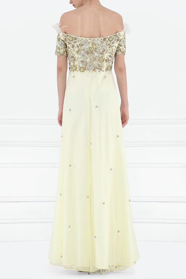 Custard yellow embroidered off shoulder anarkali set available only at Pernia's Pop Up Shop.