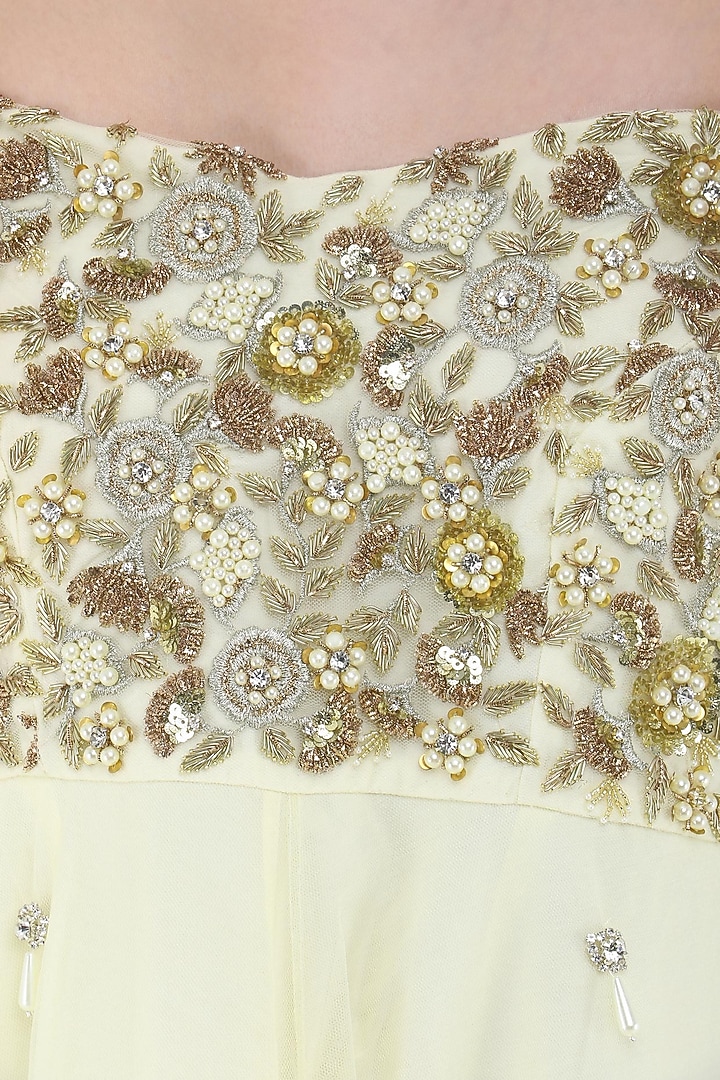 Custard yellow embroidered off shoulder anarkali set available only at Pernia's Pop Up Shop.