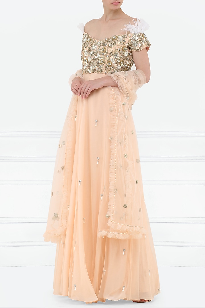 Tea rose embroidered off shoulder anarkali set available only at Pernia's Pop Up Shop.